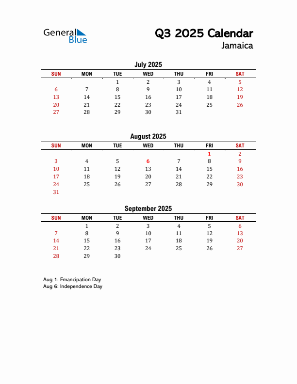 2025 Q3 Calendar with Holidays List for Jamaica