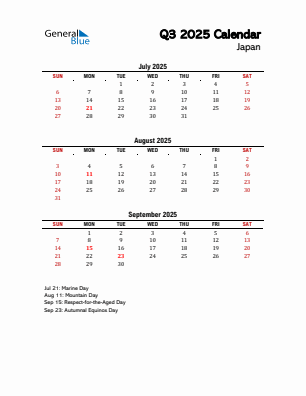 Japan Quarter 3 2025 calendar template