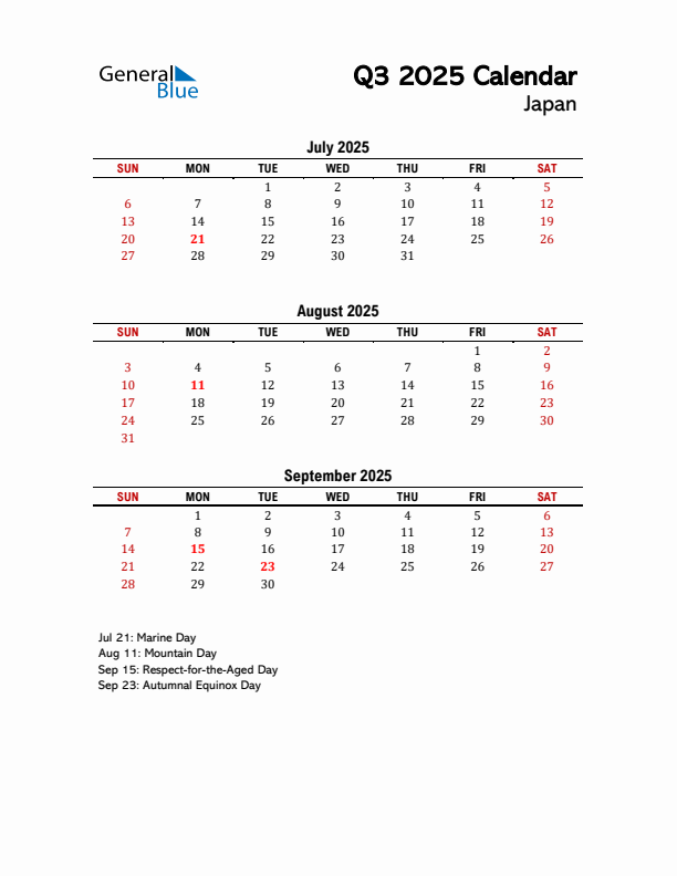 2025 Q3 Calendar with Holidays List for Japan