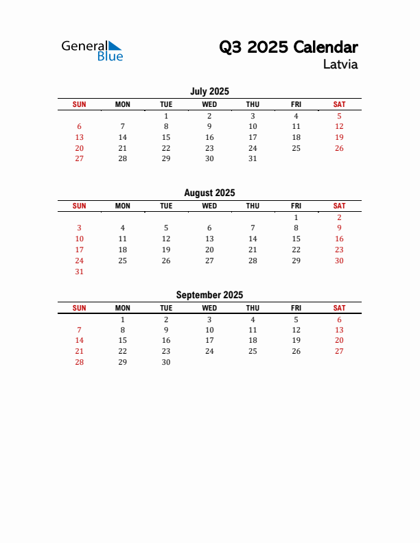 2025 Q3 Calendar with Holidays List for Latvia