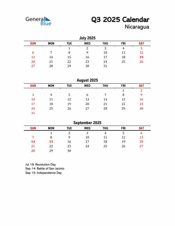 2025 Q3 Calendar with Holidays List for Nicaragua