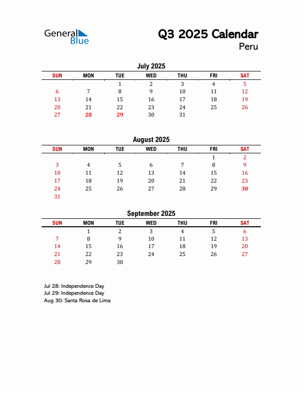 2025 Q3 Calendar with Holidays List for Peru