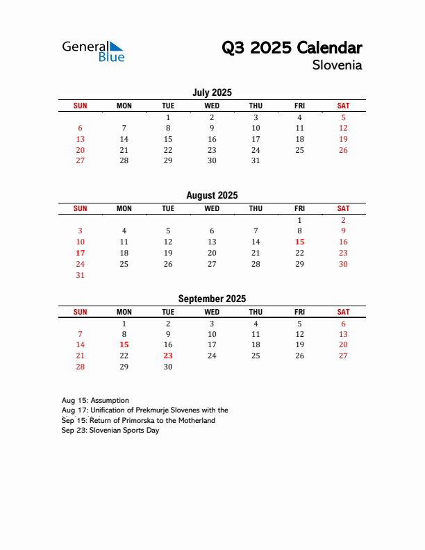 2025 Q3 Calendar with Holidays List for Slovenia