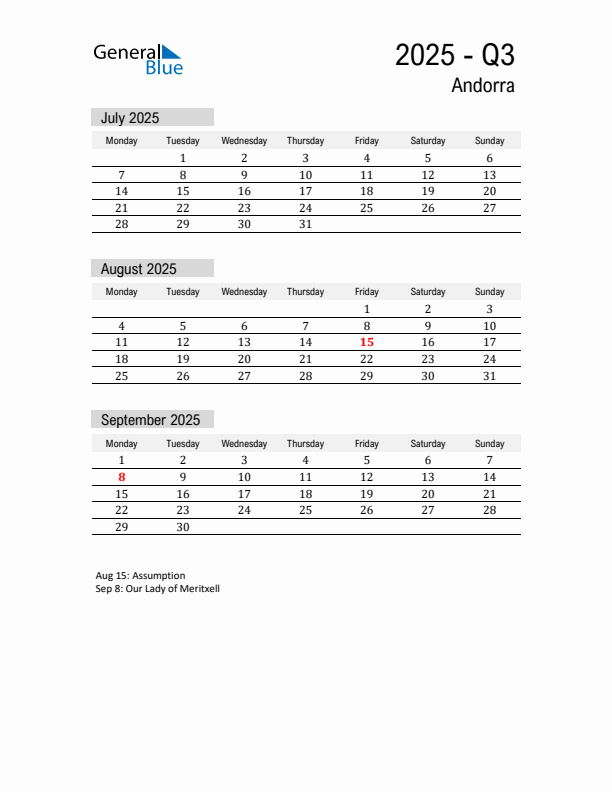 Andorra Quarter 3 2025 Calendar with Holidays