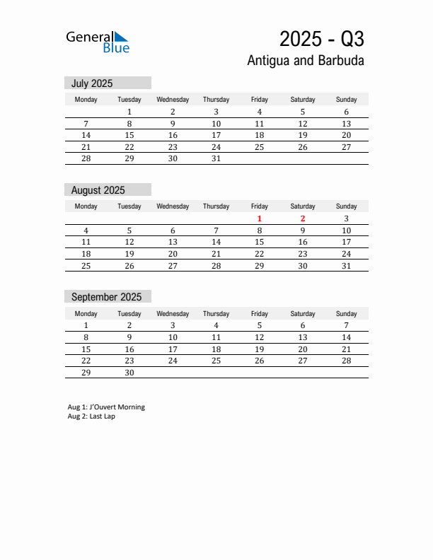 Antigua and Barbuda Quarter 3 2025 Calendar with Holidays