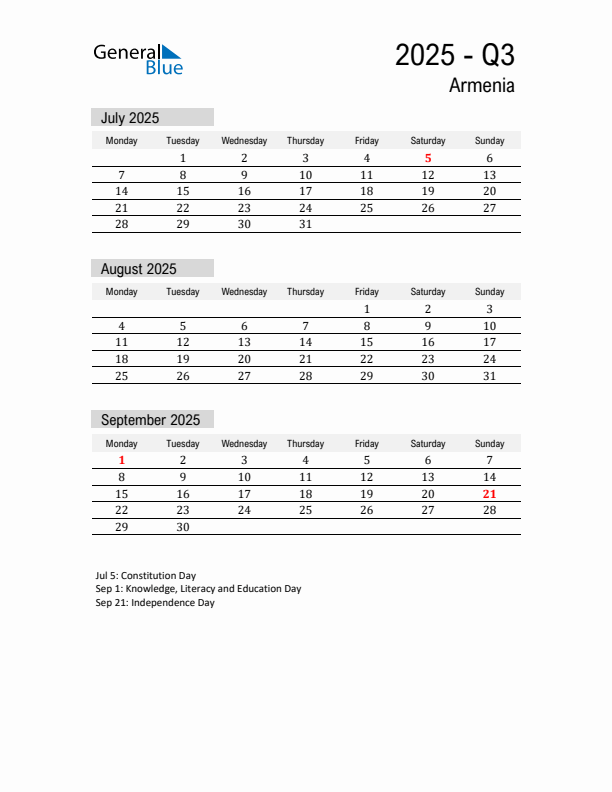 Armenia Quarter 3 2025 Calendar with Holidays