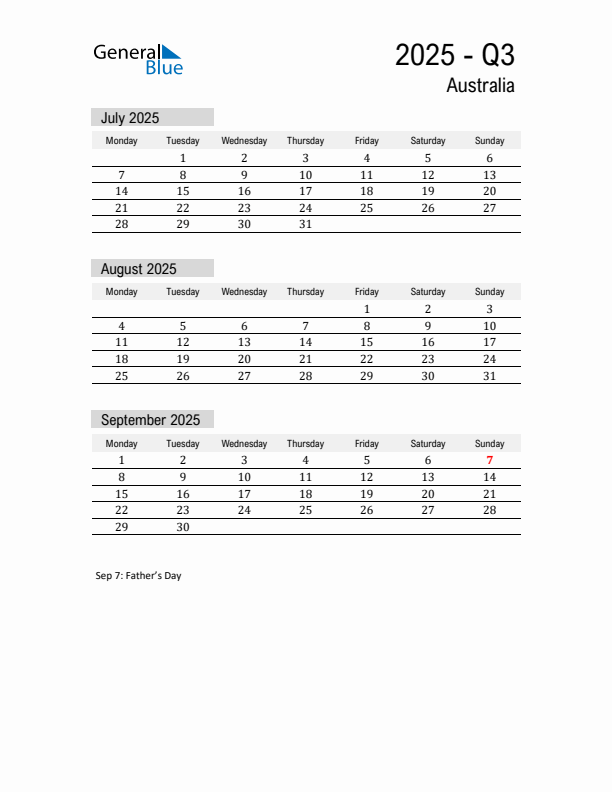 Australia Quarter 3 2025 Calendar with Holidays