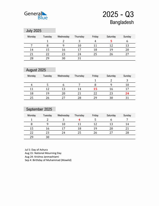 Bangladesh Quarter 3 2025 Calendar with Holidays