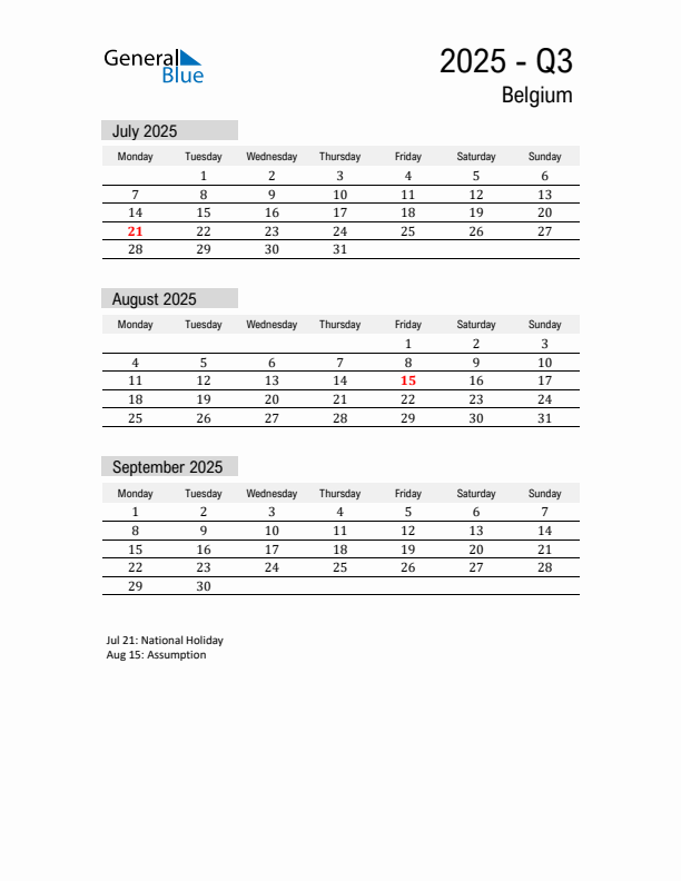 Belgium Quarter 3 2025 Calendar with Holidays