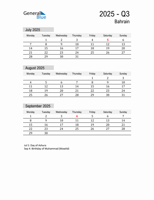 Bahrain Quarter 3 2025 Calendar with Holidays