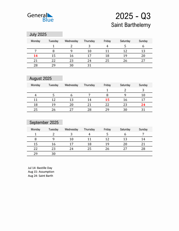 Saint Barthelemy Quarter 3 2025 Calendar with Holidays