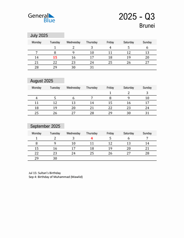 Brunei Quarter 3 2025 Calendar with Holidays