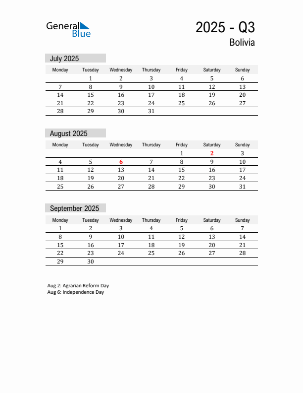 Bolivia Quarter 3 2025 Calendar with Holidays