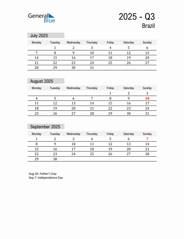 Brazil Quarter 3 2025 Calendar with Holidays