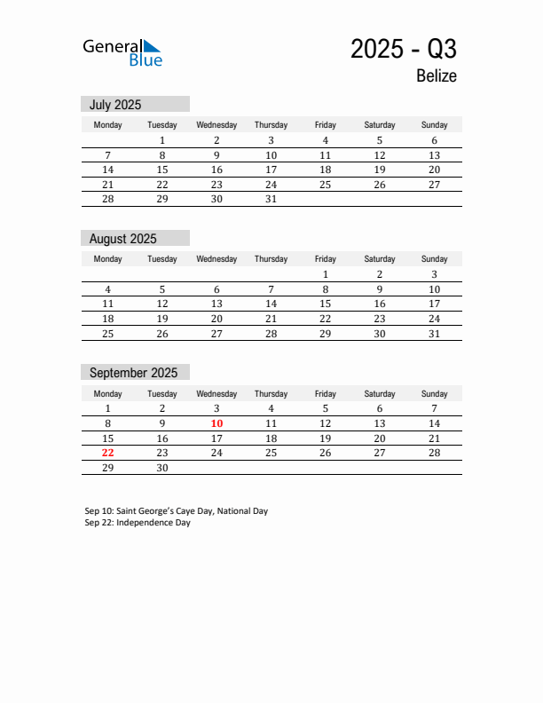 Belize Quarter 3 2025 Calendar with Holidays