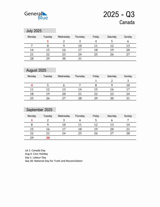 Canada Quarter 3 2025 Calendar with Holidays