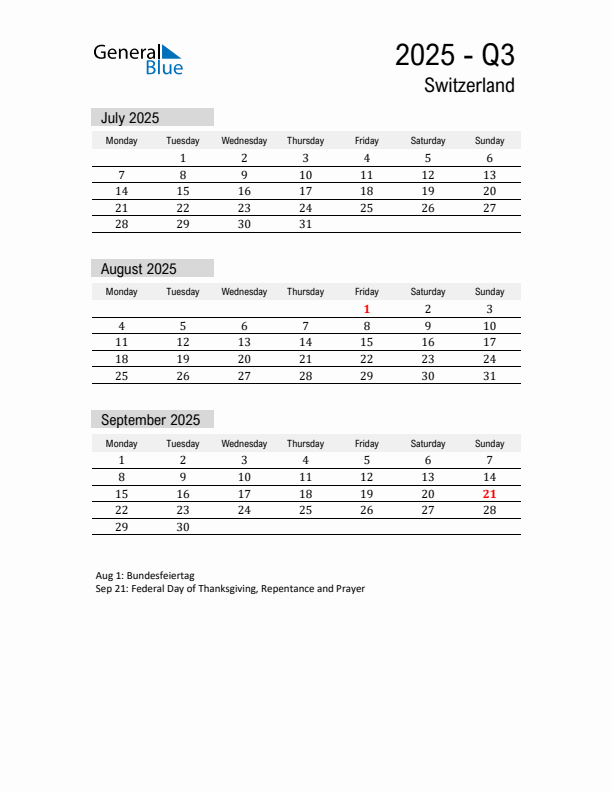 Switzerland Quarter 3 2025 Calendar with Holidays
