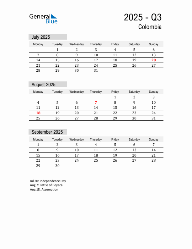 Colombia Quarter 3 2025 Calendar with Holidays