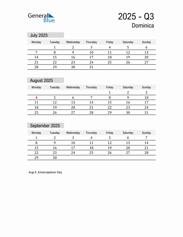 Dominica Quarter 3 2025 Calendar with Holidays