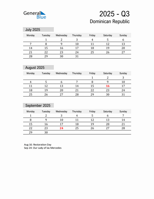 Dominican Republic Quarter 3 2025 Calendar with Holidays