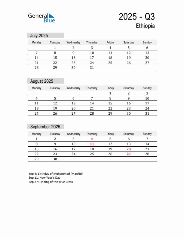 Ethiopia Quarter 3 2025 Calendar with Holidays