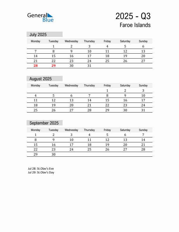 Faroe Islands Quarter 3 2025 Calendar with Holidays