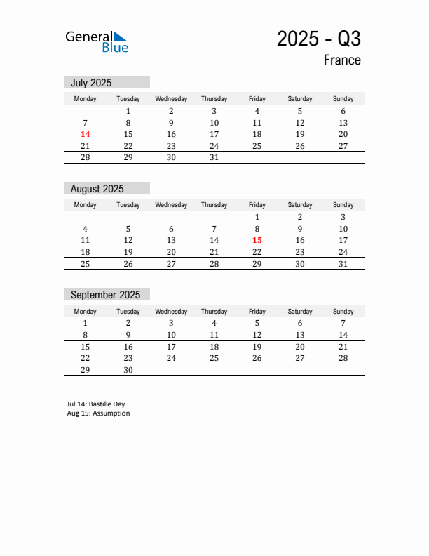 France Quarter 3 2025 Calendar with Holidays