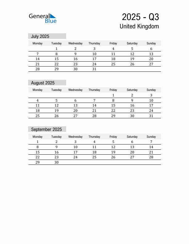 United Kingdom Quarter 3 2025 Calendar with Holidays