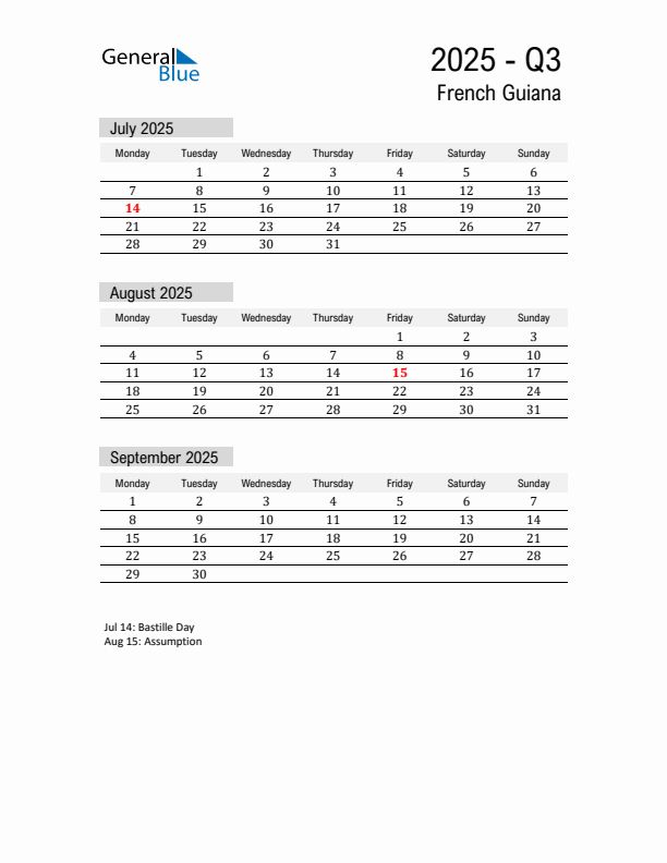 French Guiana Quarter 3 2025 Calendar with Holidays