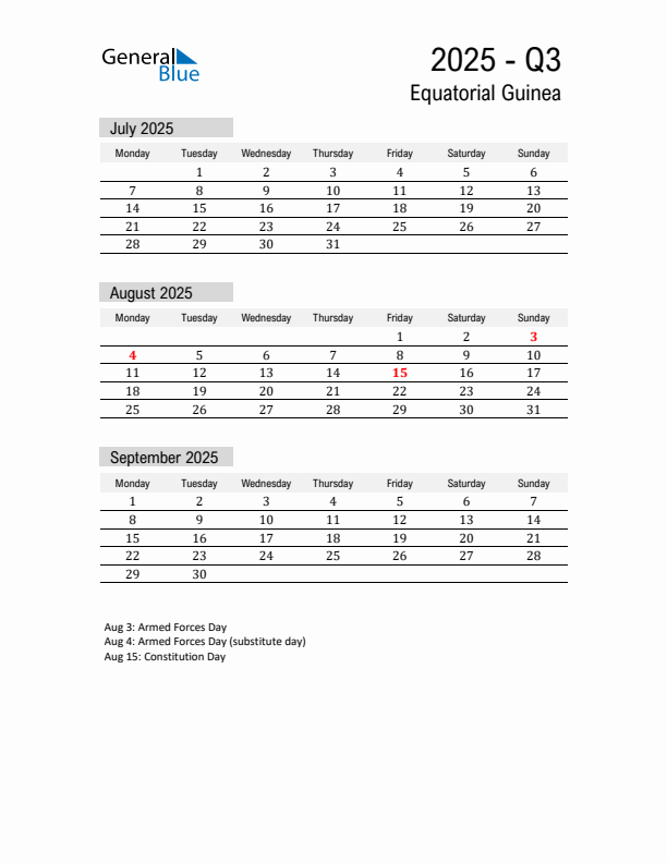 Equatorial Guinea Quarter 3 2025 Calendar with Holidays