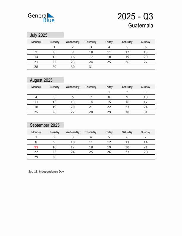 Guatemala Quarter 3 2025 Calendar with Holidays