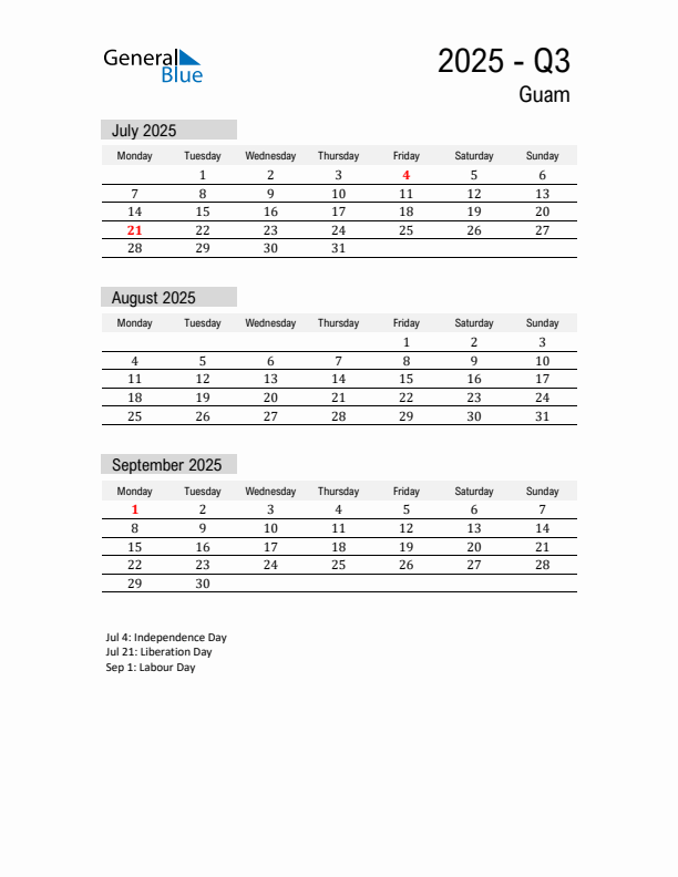 Guam Quarter 3 2025 Calendar with Holidays