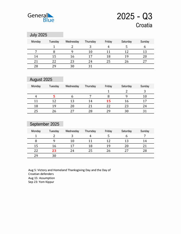 Croatia Quarter 3 2025 Calendar with Holidays