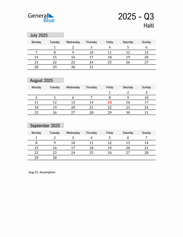 Haiti Quarter 3 2025 Calendar with Holidays