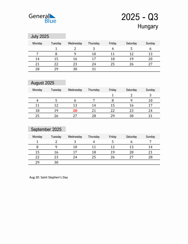 Hungary Quarter 3 2025 Calendar with Holidays