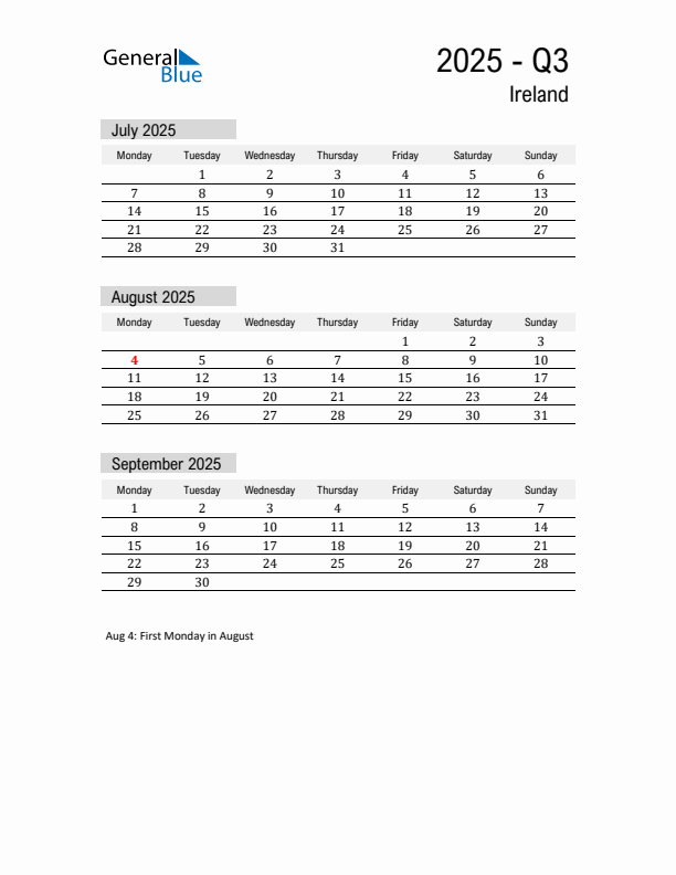 Ireland Quarter 3 2025 Calendar with Holidays