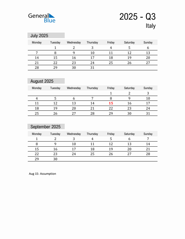 Italy Quarter 3 2025 Calendar with Holidays