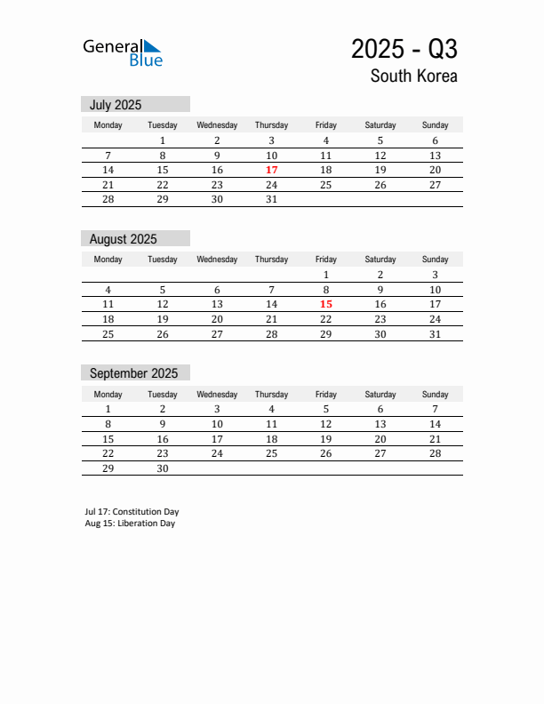 South Korea Quarter 3 2025 Calendar with Holidays