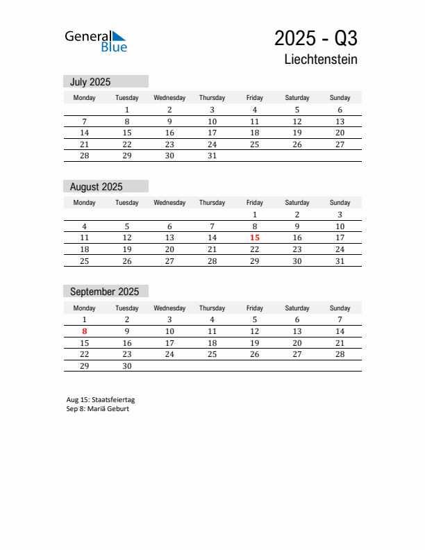 Liechtenstein Quarter 3 2025 Calendar with Holidays