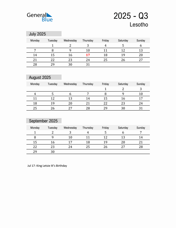 Lesotho Quarter 3 2025 Calendar with Holidays