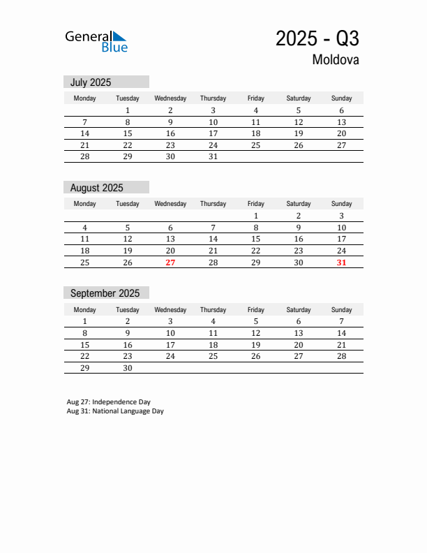 Moldova Quarter 3 2025 Calendar with Holidays