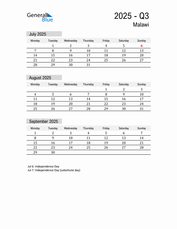 Malawi Quarter 3 2025 Calendar with Holidays