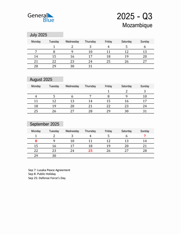 Mozambique Quarter 3 2025 Calendar with Holidays