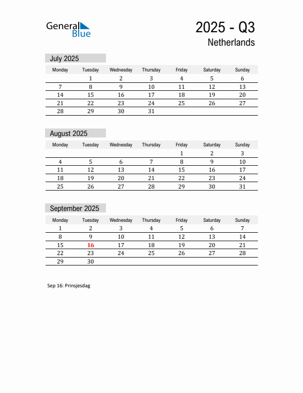 The Netherlands Quarter 3 2025 Calendar with Holidays