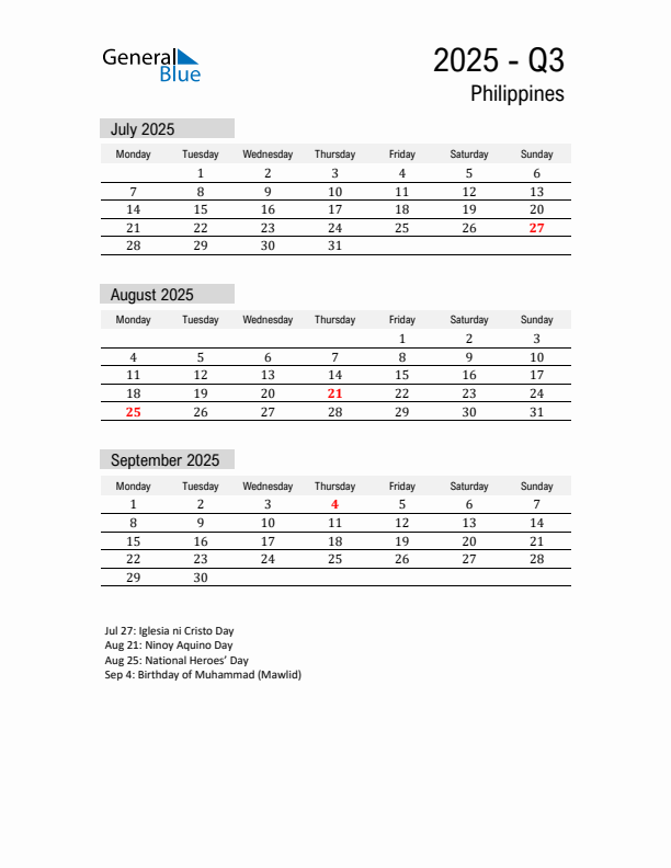 Philippines Quarter 3 2025 Calendar with Holidays