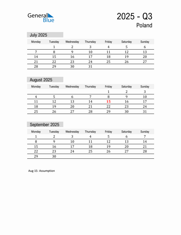 Poland Quarter 3 2025 Calendar with Holidays