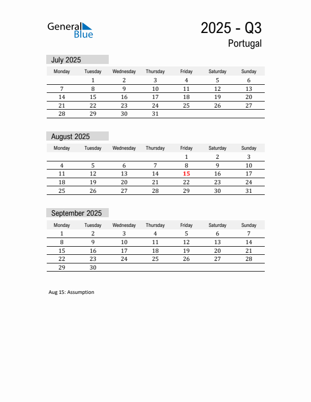 Portugal Quarter 3 2025 Calendar with Holidays