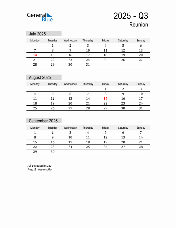 Reunion Quarter 3 2025 Calendar with Holidays