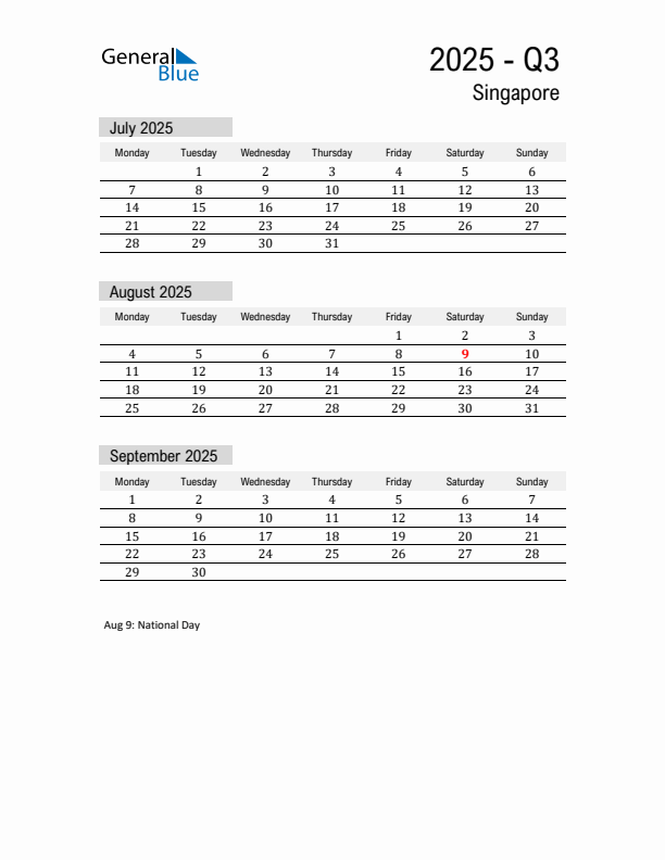 Singapore Quarter 3 2025 Calendar with Holidays