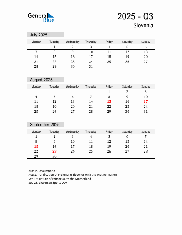 Slovenia Quarter 3 2025 Calendar with Holidays